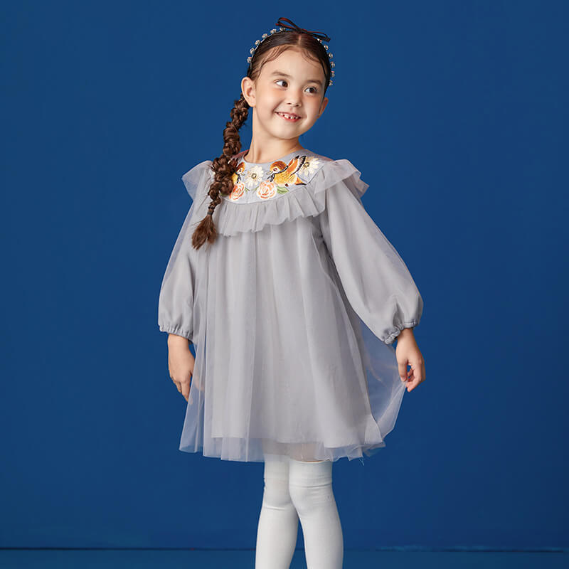 Embroidered Collar Mesh Dress-4 -  NianYi, Chinese Traditional Clothing for Kids