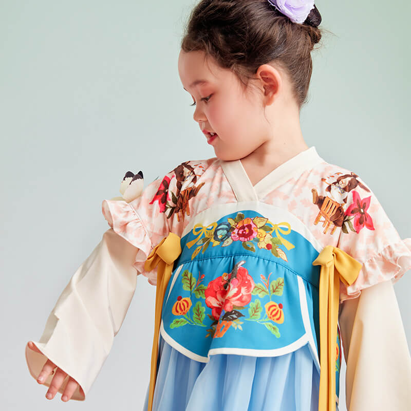 2 in 1 Puff Sleeve Layered Hem Hanfu Dress-14 -  NianYi, Chinese Traditional Clothing for Kids