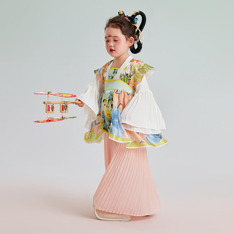 Bird and Flower Painting Layered Pleated Hanfu Dress-1-color-Peony Pink -  NianYi, Chinese Traditional Clothing for Kids