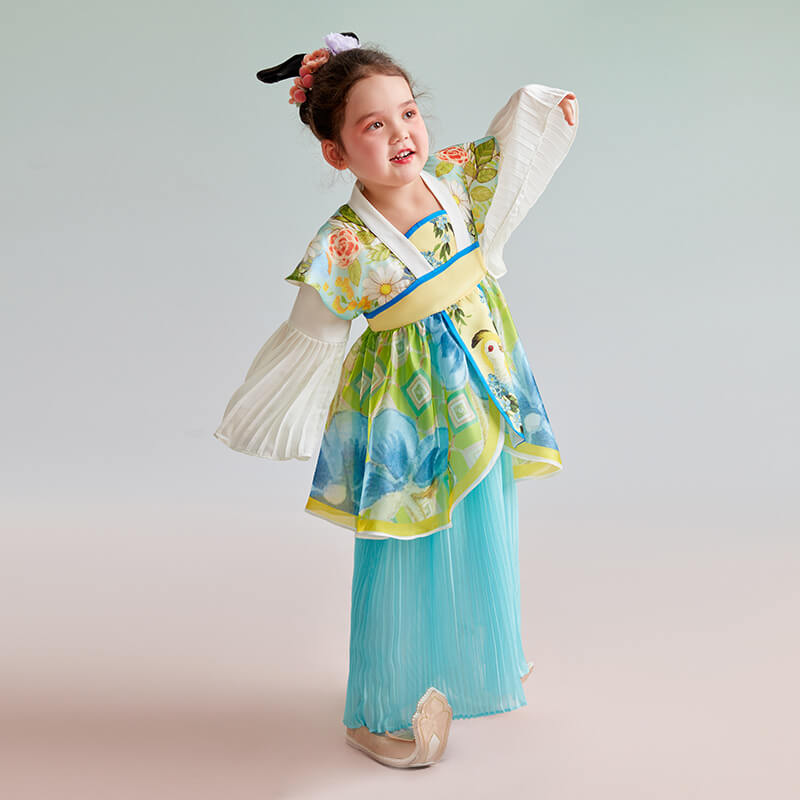 Bird and Flower Painting Layered Pleated Hanfu Dress-2-color-Hosta Green -  NianYi, Chinese Traditional Clothing for Kids