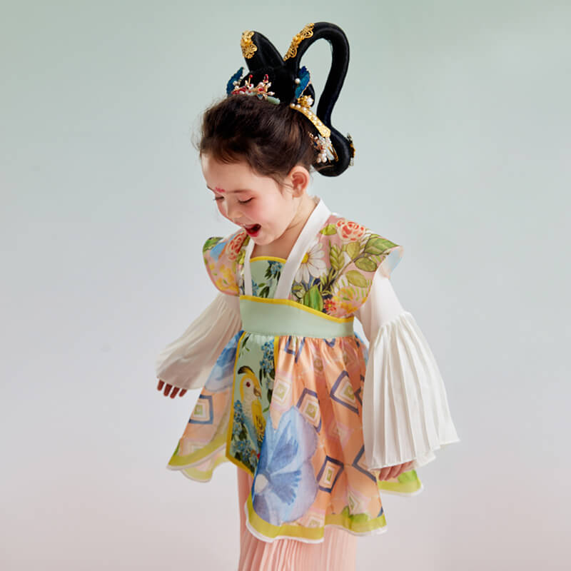 Bird and Flower Painting Layered Pleated Hanfu Dress-5 -  NianYi, Chinese Traditional Clothing for Kids