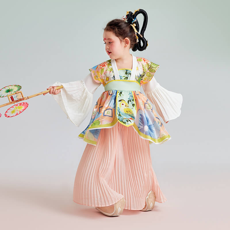 Bird and Flower Painting Layered Pleated Hanfu Dress-6 -  NianYi, Chinese Traditional Clothing for Kids