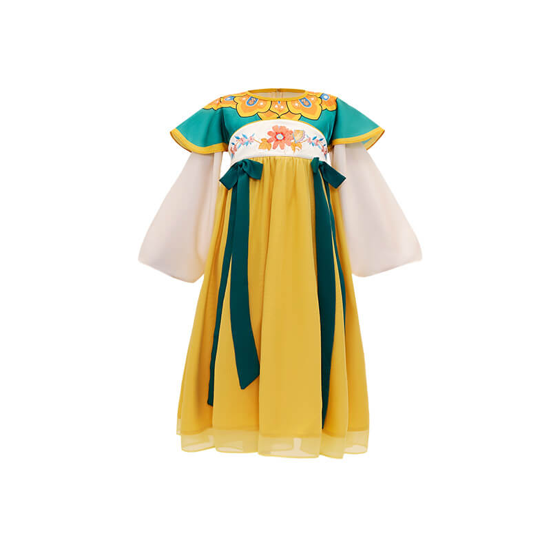 Bow Front Ruffle Trim Mesh Hanfu Dress-12-color-Kwai Fan Yellow -  NianYi, Chinese Traditional Clothing for Kids
