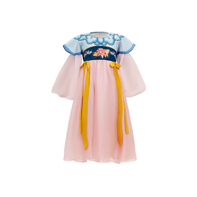 Bow Front Ruffle Trim Mesh Hanfu Dress-13-colro-Cloud Water Blue -  NianYi, Chinese Traditional Clothing for Kids