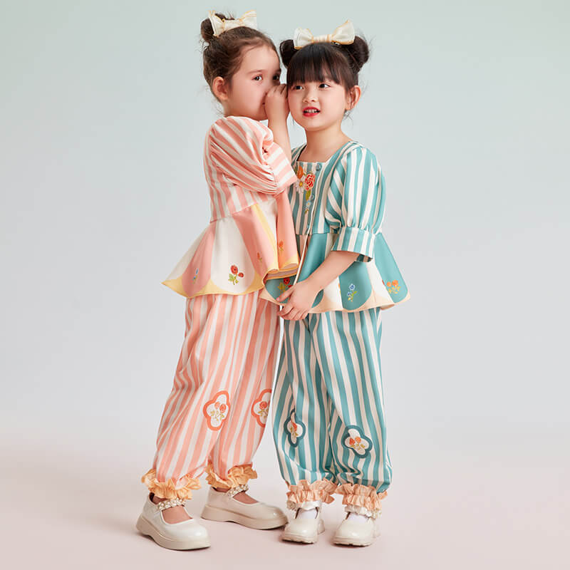 U Collar Puff Sleeve Tee and Pants-1 -  NianYi, Chinese Traditional Clothing for Kids