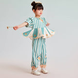 U Collar Puff Sleeve Tee and Pants-4-color-Hosta Green -  NianYi, Chinese Traditional Clothing for Kids