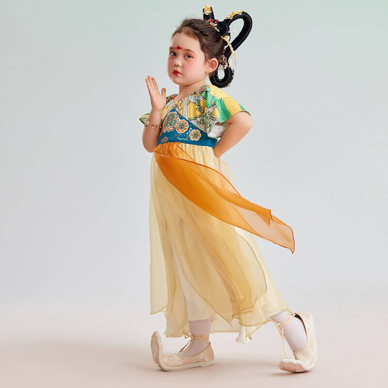 U Collar Layered Mesh Hanfu Dress-4-color-Grapefruit Yellow -  NianYi, Chinese Traditional Clothing for Kids