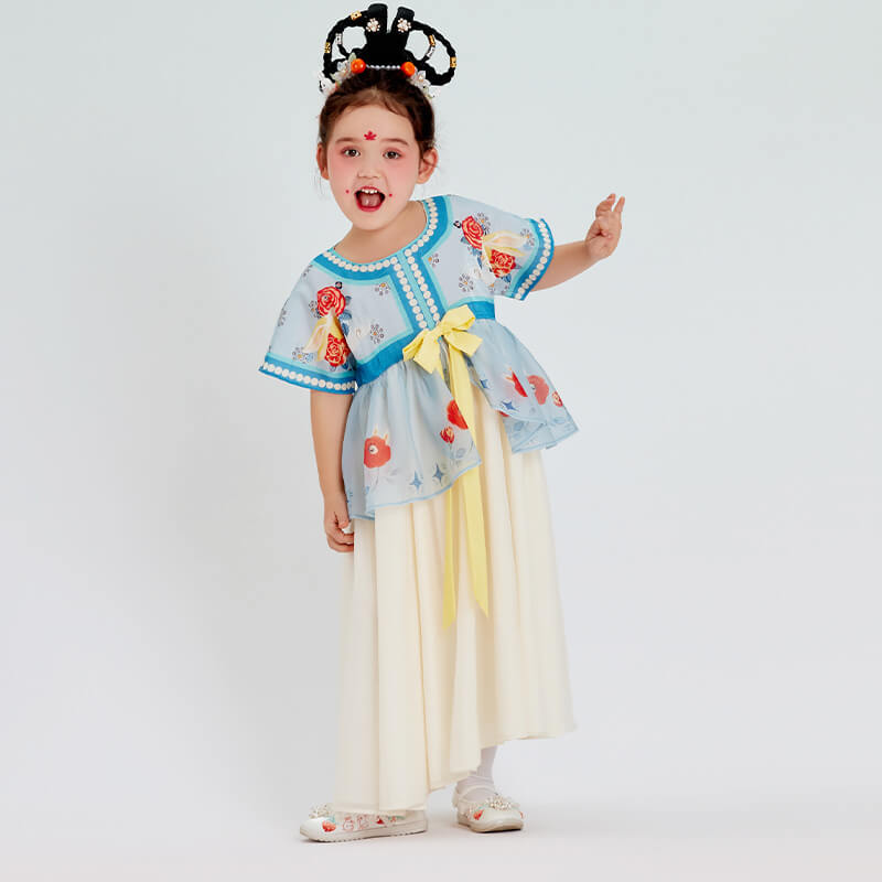 Short Sleeves Belted Ruffle Trim Hanfu Dress-2-color-Star Blue -  NianYi, Chinese Traditional Clothing for Kids