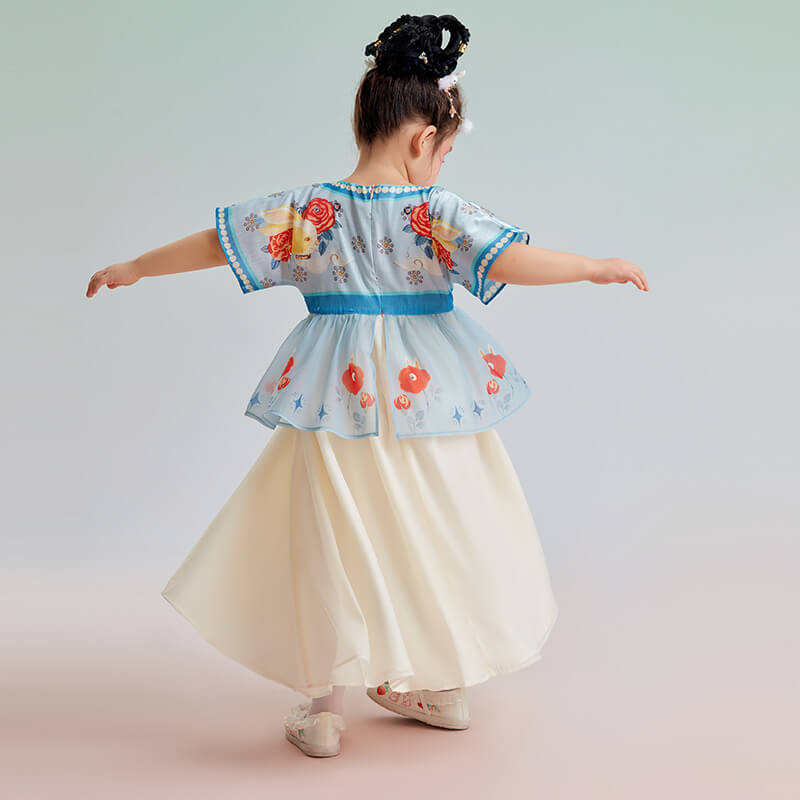 Short Sleeves Belted Ruffle Trim Hanfu Dress-6 -  NianYi, Chinese Traditional Clothing for Kids