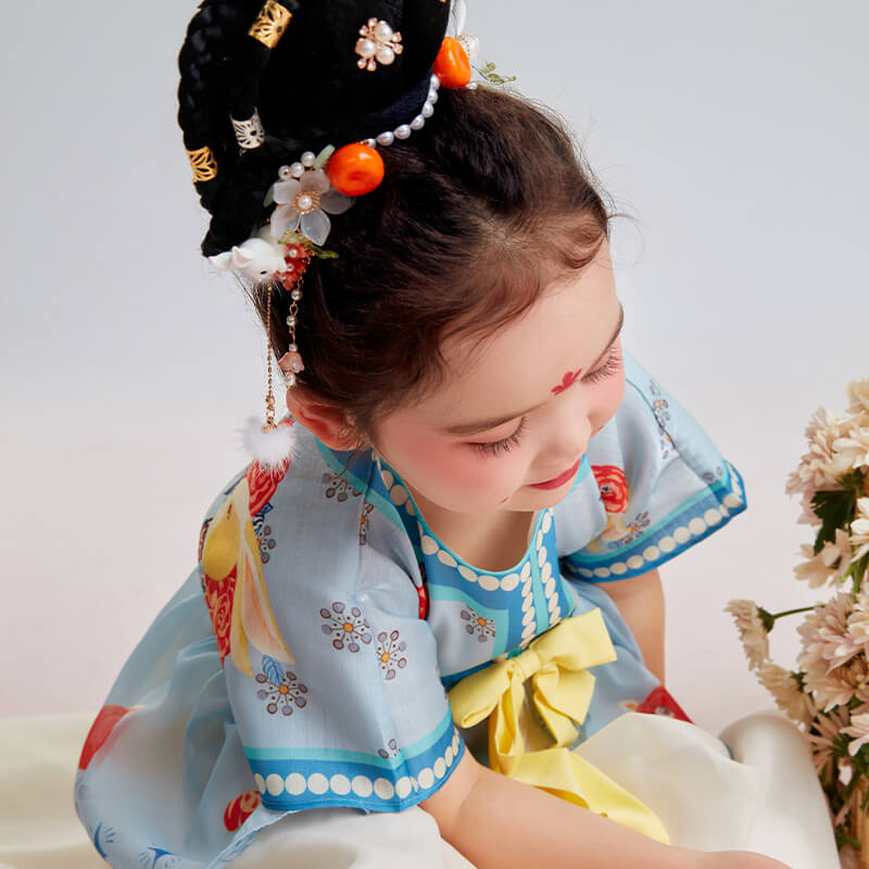 Short Sleeves Belted Ruffle Trim Hanfu Dress-7 -  NianYi, Chinese Traditional Clothing for Kids