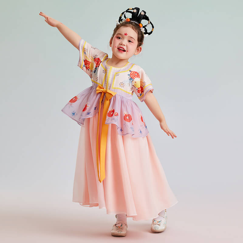 Short Sleeves Belted Ruffle Trim Hanfu Dress-8 -  NianYi, Chinese Traditional Clothing for Kids