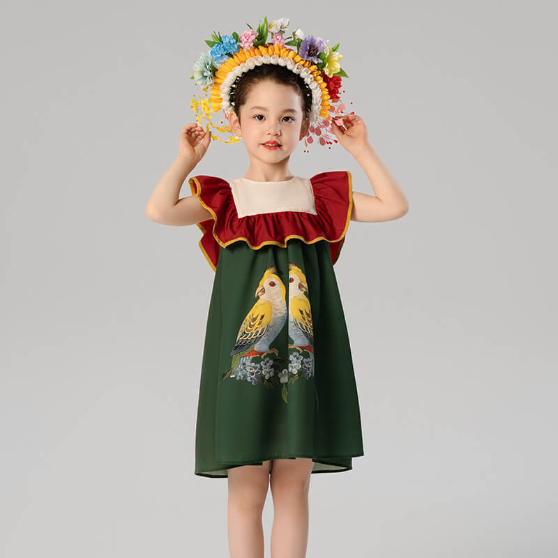 Bird and Flower Painting Ruffle Sleeve Smock Dress-1-color-Pale Green -  NianYi, Chinese Traditional Clothing for Kids