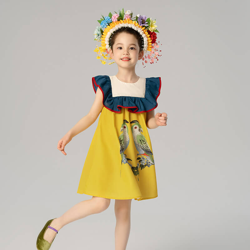 Bird and Flower Painting Ruffle Sleeve Smock Dress-2-color-Grapefruit Yellow -  NianYi, Chinese Traditional Clothing for Kids