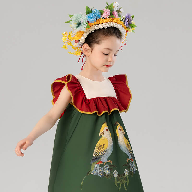 Bird and Flower Painting Ruffle Sleeve Smock Dress-5 -  NianYi, Chinese Traditional Clothing for Kids