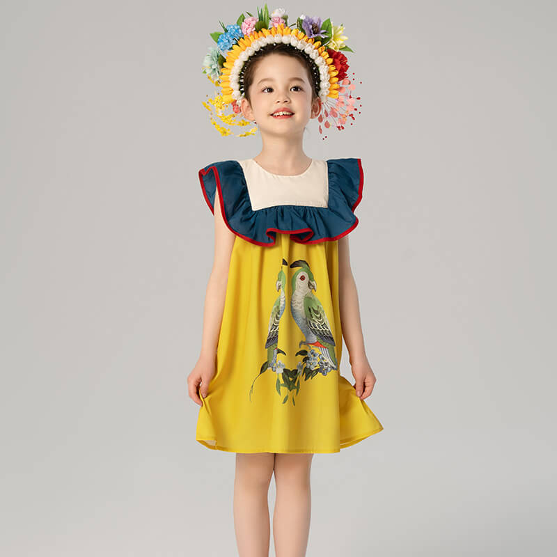 Bird and Flower Painting Ruffle Sleeve Smock Dress-6 -  NianYi, Chinese Traditional Clothing for Kids