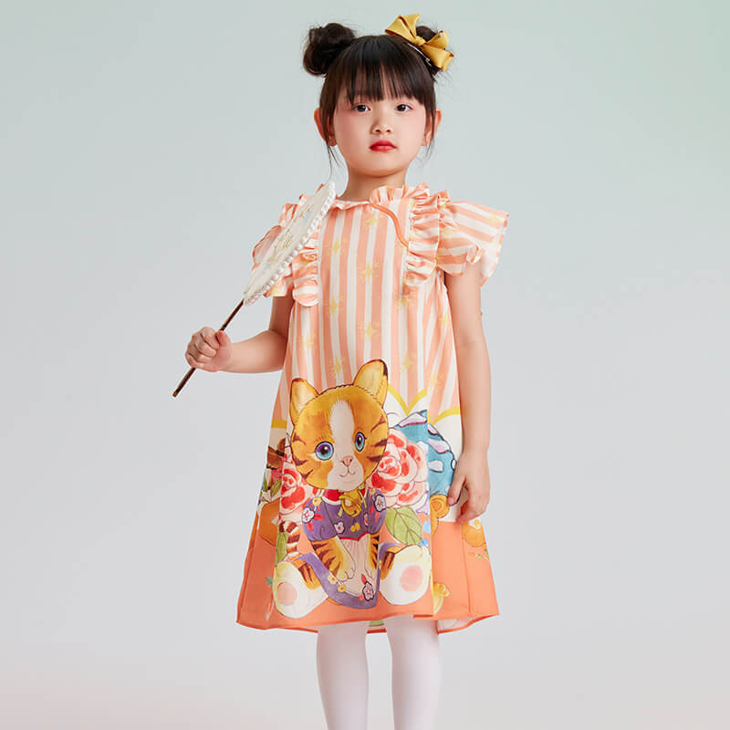 Kitten Graphic Ruffle Trim Dress-1-color-Pale Crimson -  NianYi, Chinese Traditional Clothing for Kids
