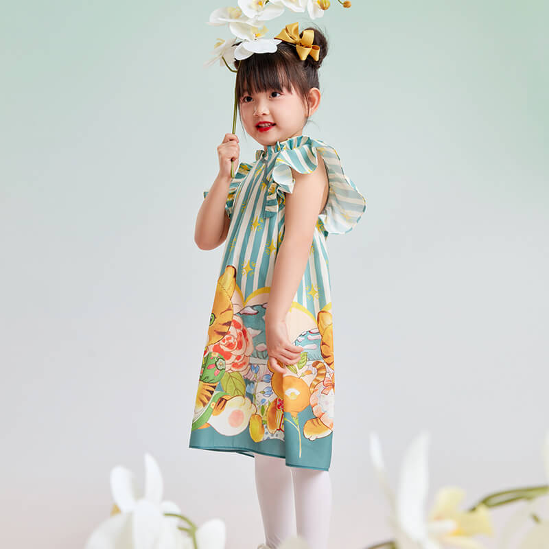 Kitten Graphic Ruffle Trim Dress-2-color-Hosta Green -  NianYi, Chinese Traditional Clothing for Kids
