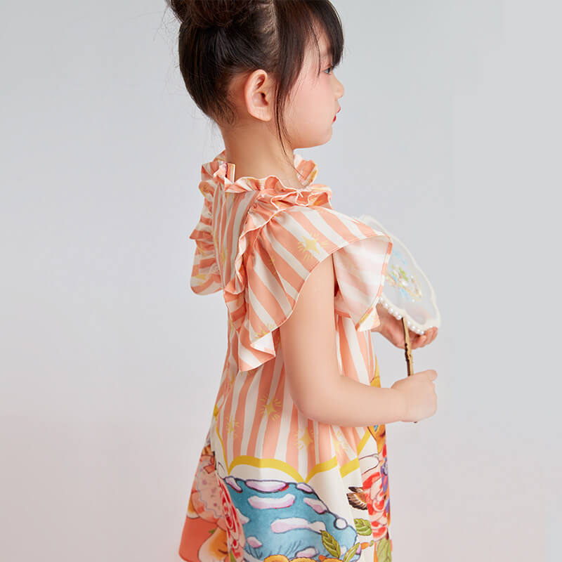 Kitten Graphic Ruffle Trim Dress-3 -  NianYi, Chinese Traditional Clothing for Kids