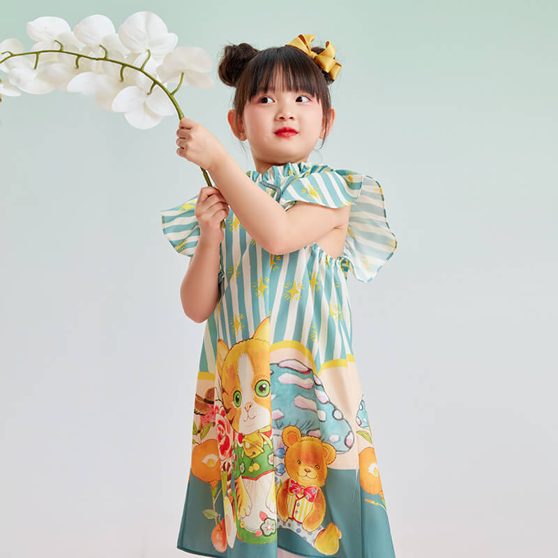 Kitten Graphic Ruffle Trim Dress-7 -  NianYi, Chinese Traditional Clothing for Kids