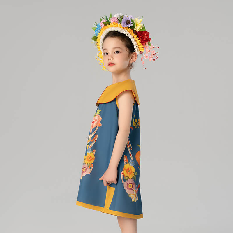 Floral Flap Collar Rabbit Graphic Dress-10 -  NianYi, Chinese Traditional Clothing for Kids