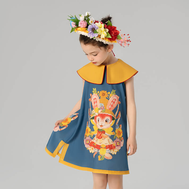 Floral Flap Collar Rabbit Graphic Dress-11 -  NianYi, Chinese Traditional Clothing for Kids