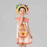 Floral Flap Collar Rabbit Graphic Dress-1 -  NianYi, Chinese Traditional Clothing for Kids