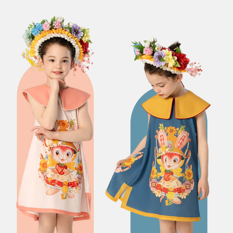 Floral Flap Collar Rabbit Graphic Dress-2 -  NianYi, Chinese Traditional Clothing for Kids