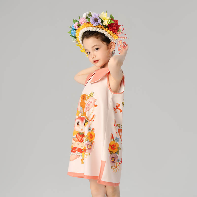 Floral Flap Collar Rabbit Graphic Dress-4 -  NianYi, Chinese Traditional Clothing for Kids