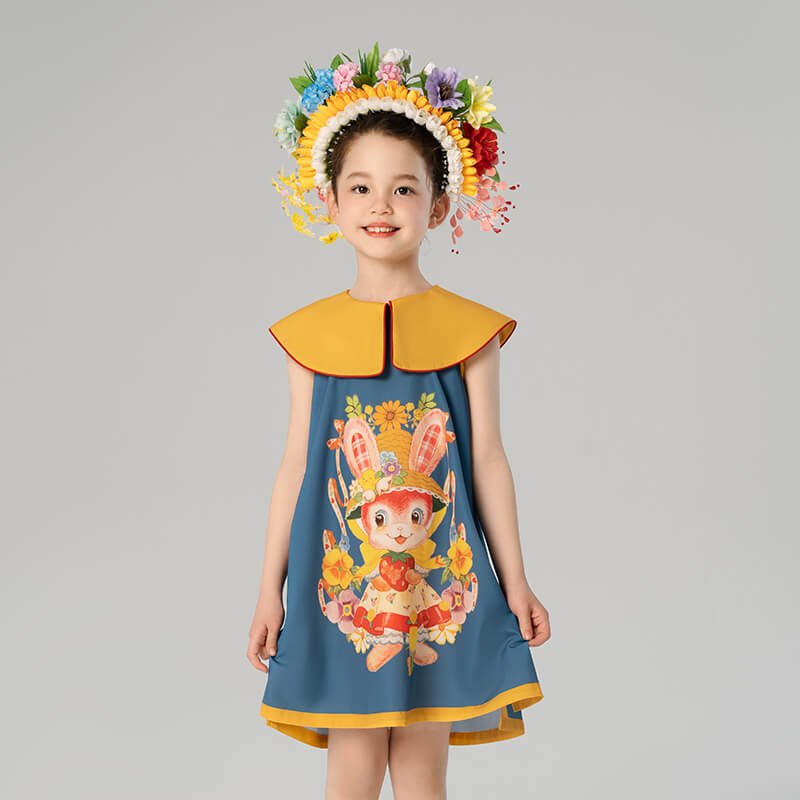 Floral Flap Collar Rabbit Graphic Dress-5-color-Late Wave Blue -  NianYi, Chinese Traditional Clothing for Kids