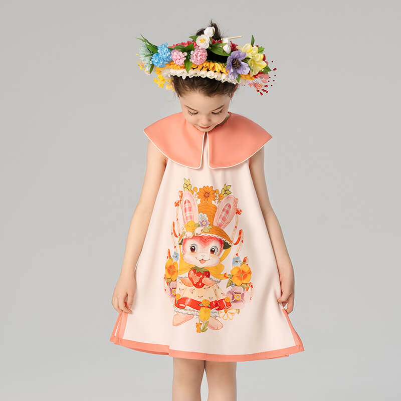 Floral Flap Collar Rabbit Graphic Dress-6-color-Litmus Pink -  NianYi, Chinese Traditional Clothing for Kids