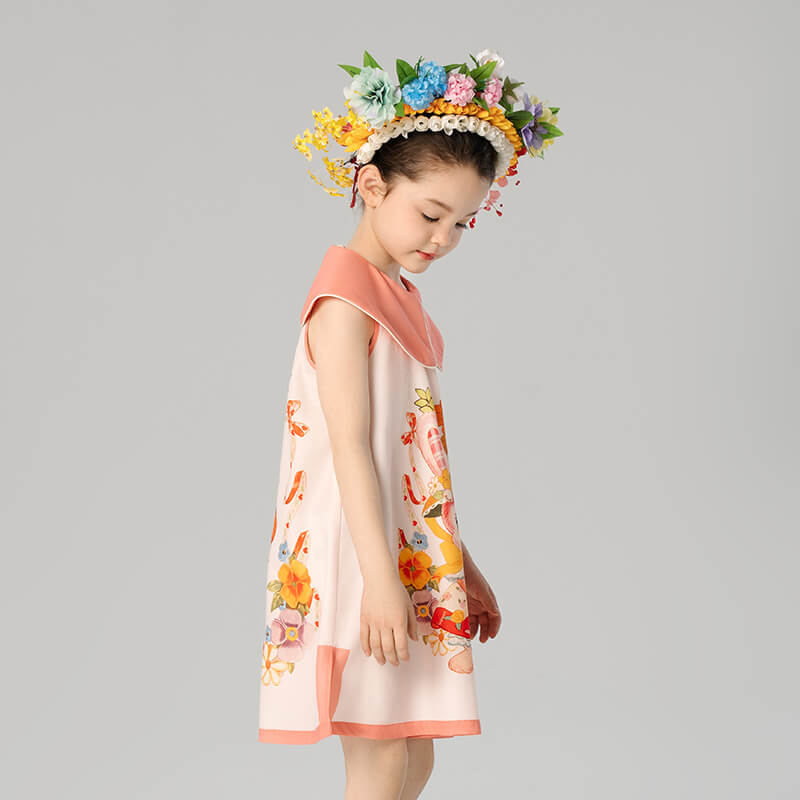 Floral Flap Collar Rabbit Graphic Dress-7 -  NianYi, Chinese Traditional Clothing for Kids