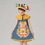 Floral Flap Collar Rabbit Graphic Dress-8 -  NianYi, Chinese Traditional Clothing for Kids