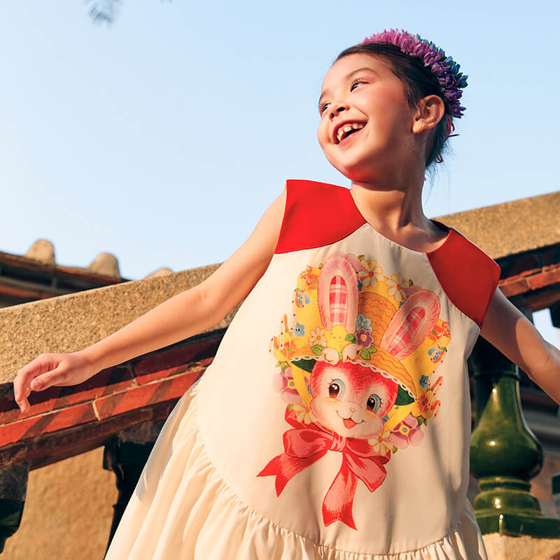 Camping Bunny Ruffle Hem Dress-5 -  NianYi, Chinese Traditional Clothing for Kids