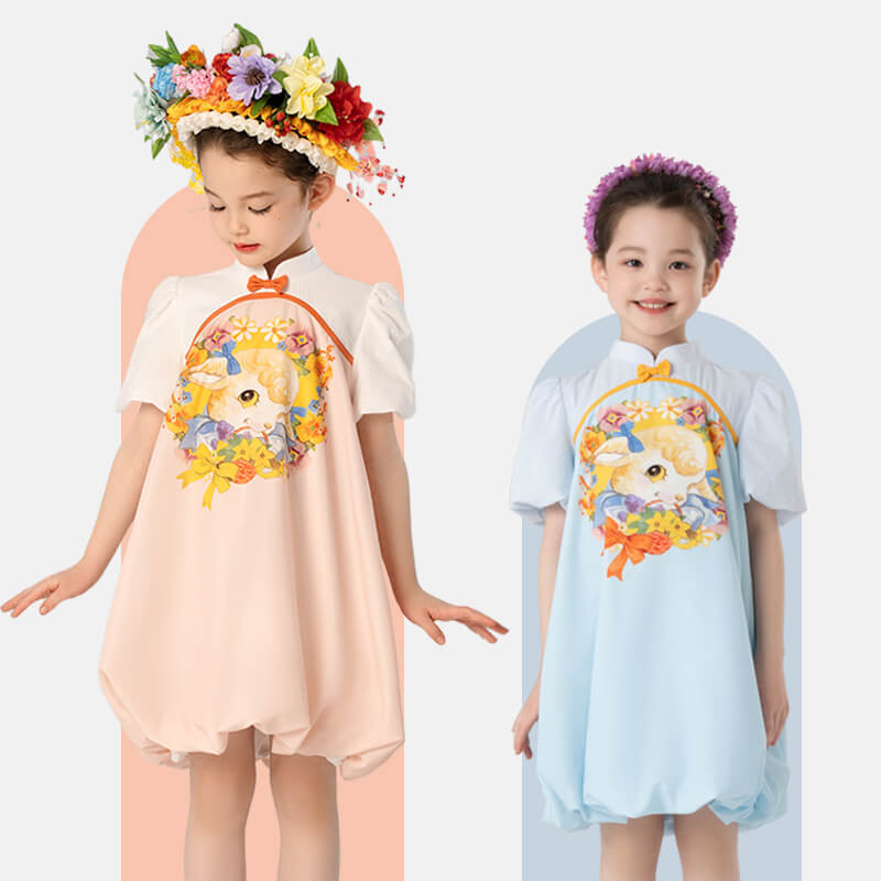 Mandarin Collar Little Lamb Print Puff Sleeves Ruched Trim Dress-2 -  NianYi, Chinese Traditional Clothing for Kids