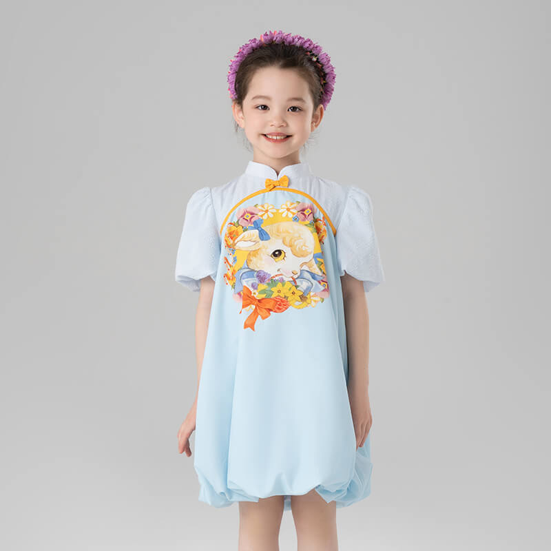 Mandarin Collar Little Lamb Print Puff Sleeves Ruched Trim Dress-5-color-Cloud Water Blue -  NianYi, Chinese Traditional Clothing for Kids