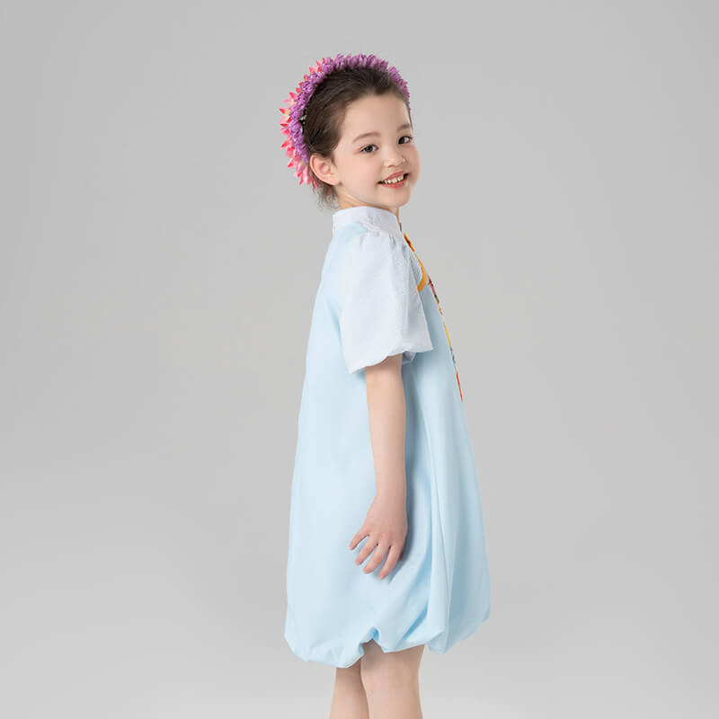 Mandarin Collar Little Lamb Print Puff Sleeves Ruched Trim Dress-6 -  NianYi, Chinese Traditional Clothing for Kids