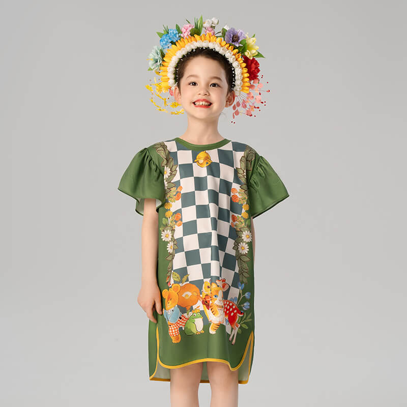 Animal Friends Ruffle Trim Checkered Qipao Dress-1-color-Pale Green -  NianYi, Chinese Traditional Clothing for Kids