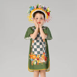 Animal Friends Ruffle Trim Checkered Qipao Dress-5 -  NianYi, Chinese Traditional Clothing for Kids