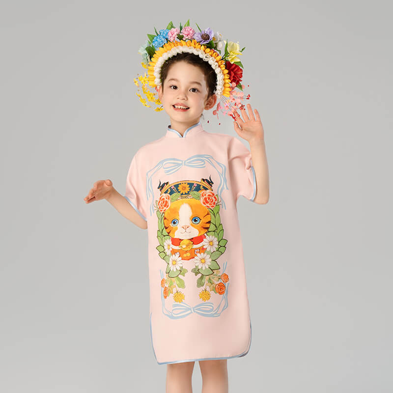 Mandarin Collar Kitten Graphic Qipao Dress-1 -  NianYi, Chinese Traditional Clothing for Kids