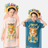 Mandarin Collar Kitten Graphic Qipao Dress-2 -  NianYi, Chinese Traditional Clothing for Kids