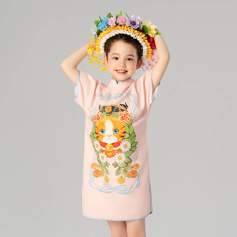 Mandarin Collar Kitten Graphic Qipao Dress-3-color-Pale Ivy Pink -  NianYi, Chinese Traditional Clothing for Kids