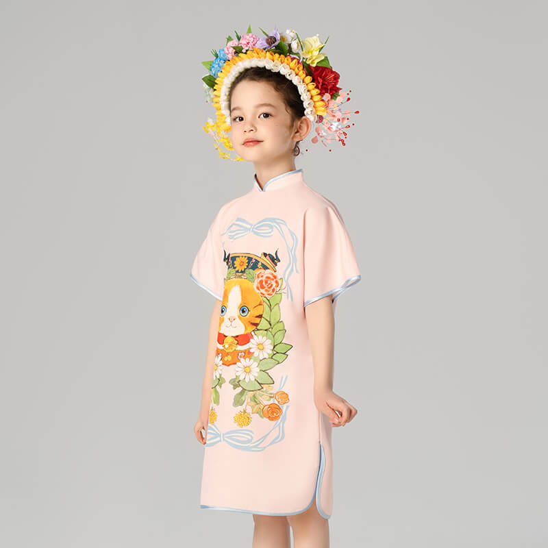 Mandarin Collar Kitten Graphic Qipao Dress-5 -  NianYi, Chinese Traditional Clothing for Kids