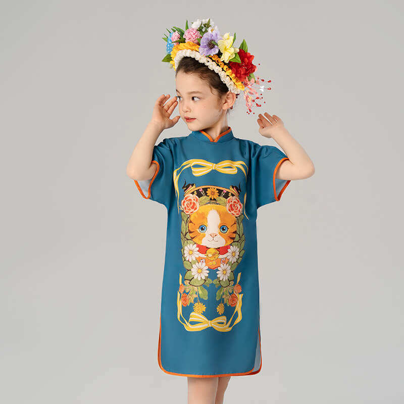 Mandarin Collar Kitten Graphic Qipao Dress-8 -  NianYi, Chinese Traditional Clothing for Kids