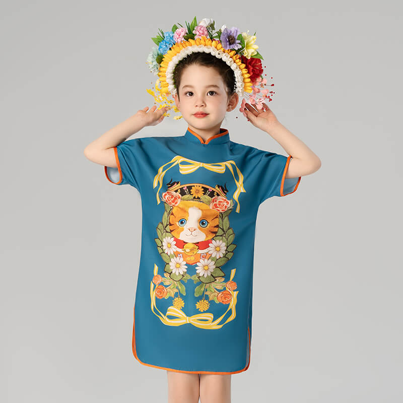 Mandarin Collar Kitten Graphic Qipao Dress-9-color-Late Wave Blue -  NianYi, Chinese Traditional Clothing for Kids