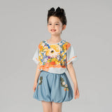 Animal Friends Bow Graphic Tee and Puff Hem Shorts-1 -  NianYi, Chinese Traditional Clothing for Kids