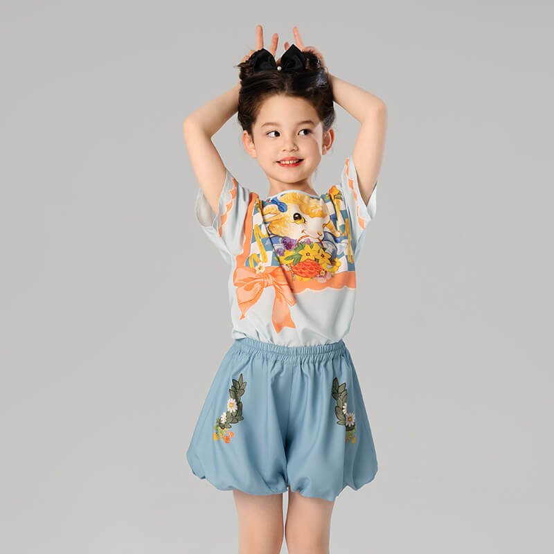 Animal Friends Bow Graphic Tee and Puff Hem Shorts-2-color-Cloud Water Blue -  NianYi, Chinese Traditional Clothing for Kids