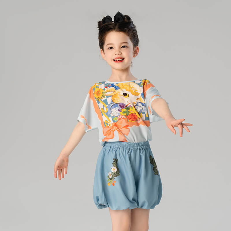 Animal Friends Bow Graphic Tee and Puff Hem Shorts-4 -  NianYi, Chinese Traditional Clothing for Kids