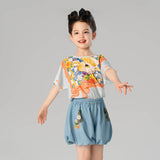 Animal Friends Bow Graphic Tee and Puff Hem Shorts-4 -  NianYi, Chinese Traditional Clothing for Kids