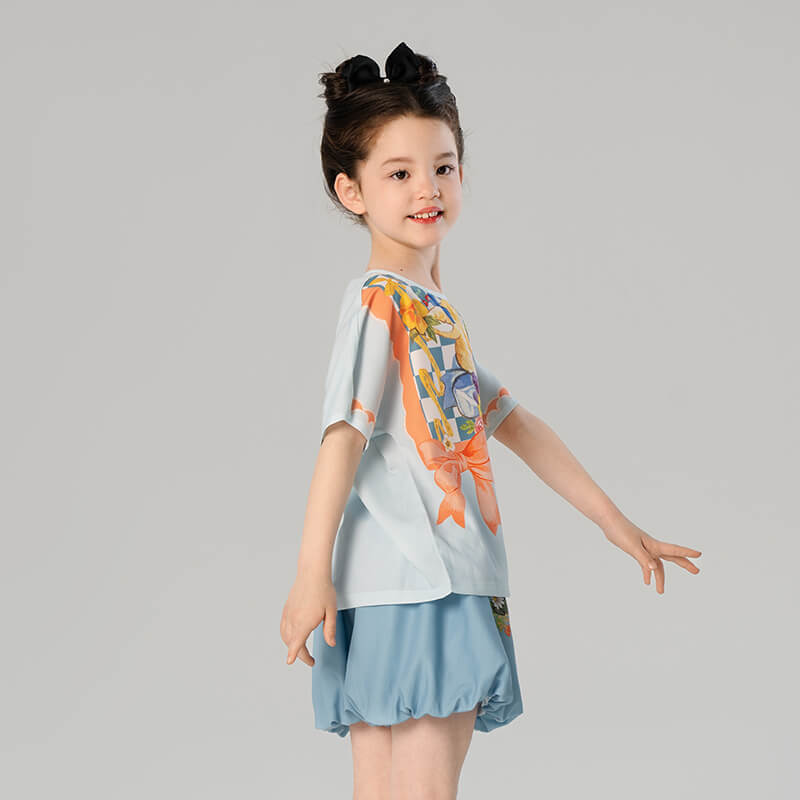 Animal Friends Bow Graphic Tee and Puff Hem Shorts-5 -  NianYi, Chinese Traditional Clothing for Kids