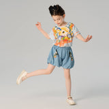 Animal Friends Bow Graphic Tee and Puff Hem Shorts-6 -  NianYi, Chinese Traditional Clothing for Kids